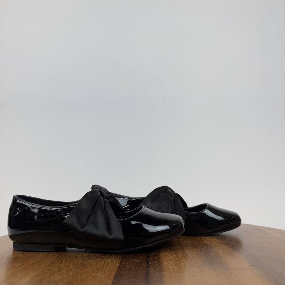 Big Kids Nordstrom Posey Black Faux Patent Leather Bow Mary Jane Flats Size 1 Y